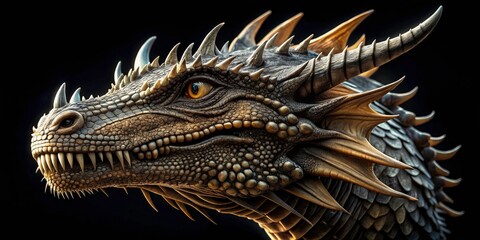 Stunning Aerial Photography of Mythical Dragon Head on Black Background &acirc;&euro;&ldquo; Captivating Fantasy Art, Intricate Details, and Atmospheric Effects for Enchanting Visuals