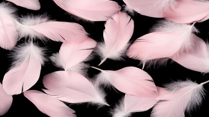Fototapeta premium Delicate Pink Feathers Scattered on Black Background