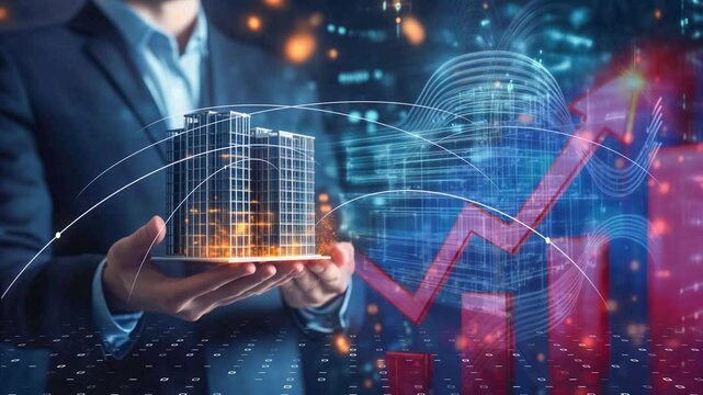 Smart real estate concept, businessman holding a futuristic building surrounded by augmented reality analytics