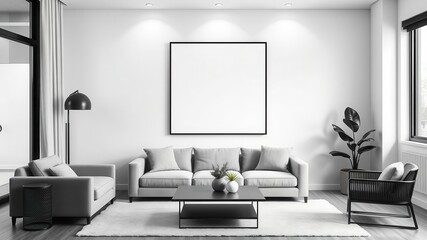 Modern living room with contemporary wall art mockup showcasing a minimalist black and white design, black and white, interior design, wall art