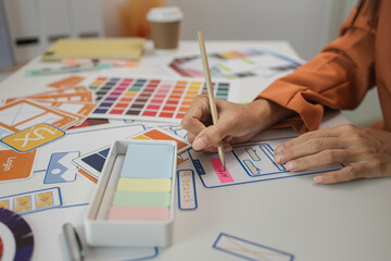 UI UX designers team working on new website wireframe in office, ux developer and ui designer use...