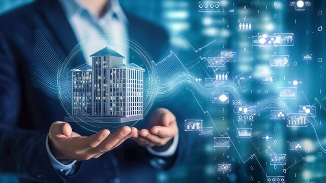 Smart real estate concept, businessman holding a futuristic building surrounded by augmented reality analytics