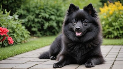 Black german spitz dog in the garden