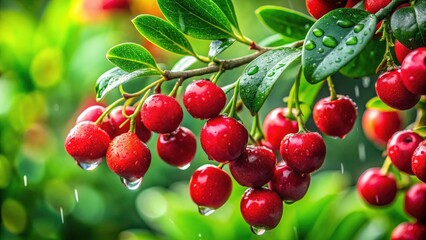 Obraz premium Stunning Close-up of Glossy Red Fruits Amid Lush Green Leaves with Raindrops for Vibrant Nature Photography and Fresh Food Imagery
