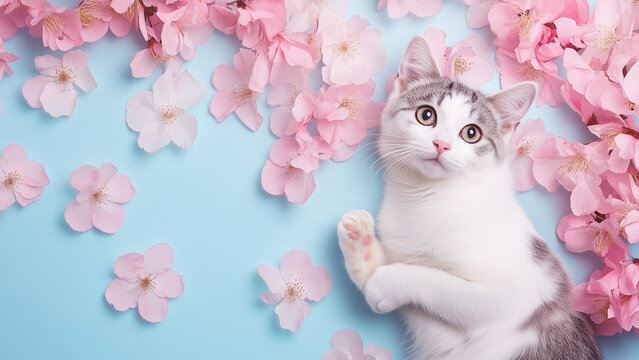 「 肉球ざくら 」猫イラスト 桜　春　満開　B5サイズ 色鉛筆画 かわいい新作 春 桜 」猫イラスト 肉球ざくら 満開 色鉛筆画