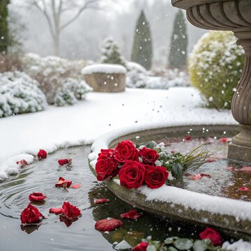 love plase red roses with snow and water  garden jpg