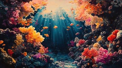 A surreal underwater landscape with coral reefs, colorful fish, and shafts of sunlight