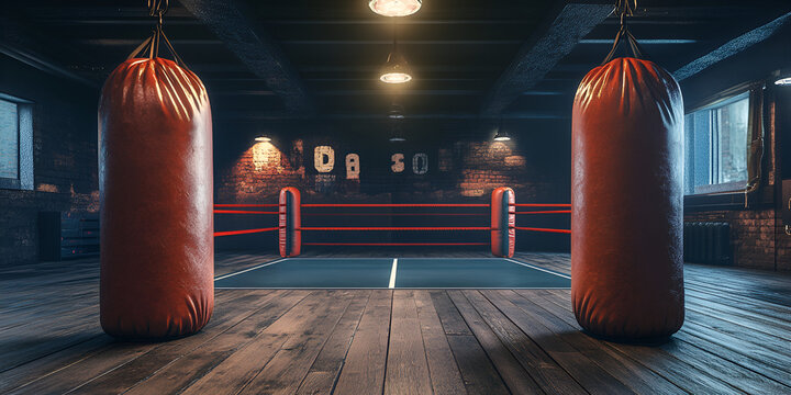 Boxing Ring Setup with Gloves and Punching Bag