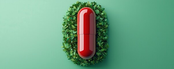 Vibrant Red Capsule Surrounded by Lush Green Leaves on a Soft Background