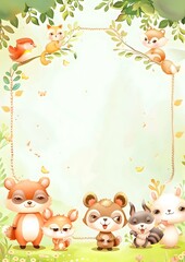 Fototapeta premium A whimsical illustration featuring cute forest animals in a playful setting.