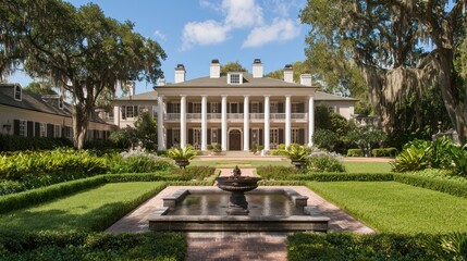 Obraz premium Elegant mansion with a fountain and lush gardens.