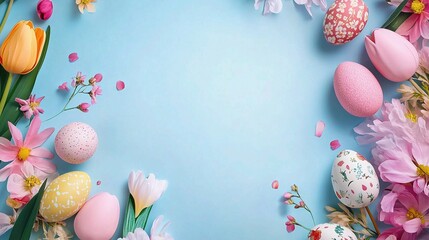 Easter Delight: Pastel-colored Easter eggs and spring flowers create a vibrant, festive frame on a light blue background, perfect for Easter greetings and spring celebrations. 