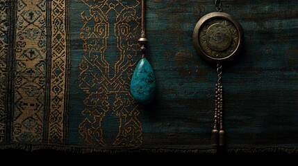Fototapeta premium Teal gemstone pendant and antique medallion on patterned rug.