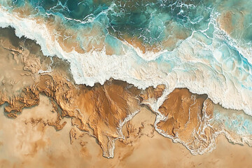 Fototapeta premium An aerial view of the ocean waves hitting against the sand.