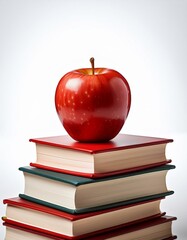 A red apple rests atop a stack of books.