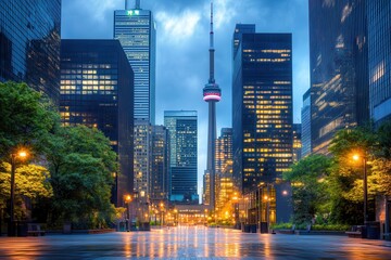 Fototapeta na wymiar Toronto cityscape twilight, city street, tower view, urban park, wet pavement, night