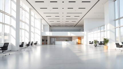 Obraz premium Sunlit Modern Office Lobby: Minimalist Interior Design and Architecture. Bright, Clean Workspace with Elegant Reception Area