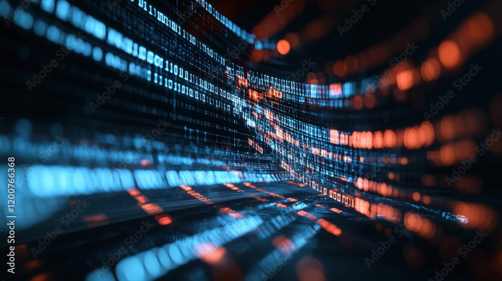 Leinwandbilder Abstract Digital Flow with Glowing Binary Code, Red and Blue Lights Creating an Immersive Technology Environment for Future Innovation Concepts
