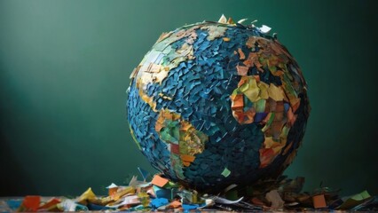 Spherical recycled material globe with colorful mosaic surface, set against dark background with chaotic objects, symbolizing waste pollution.