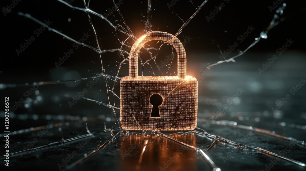 Poster Digital Representation of a Broken Lock Against a Dark Background Symbolizing Security Breach and Vulnerability in Technology and Cybersecurity