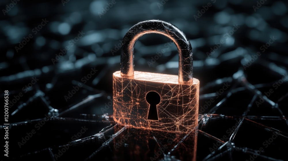 Poster Digital Security Concept with a Glowing Padlock on a Network of Lines Representing Data Protection and Cybersecurity in a Modern Technology Scene