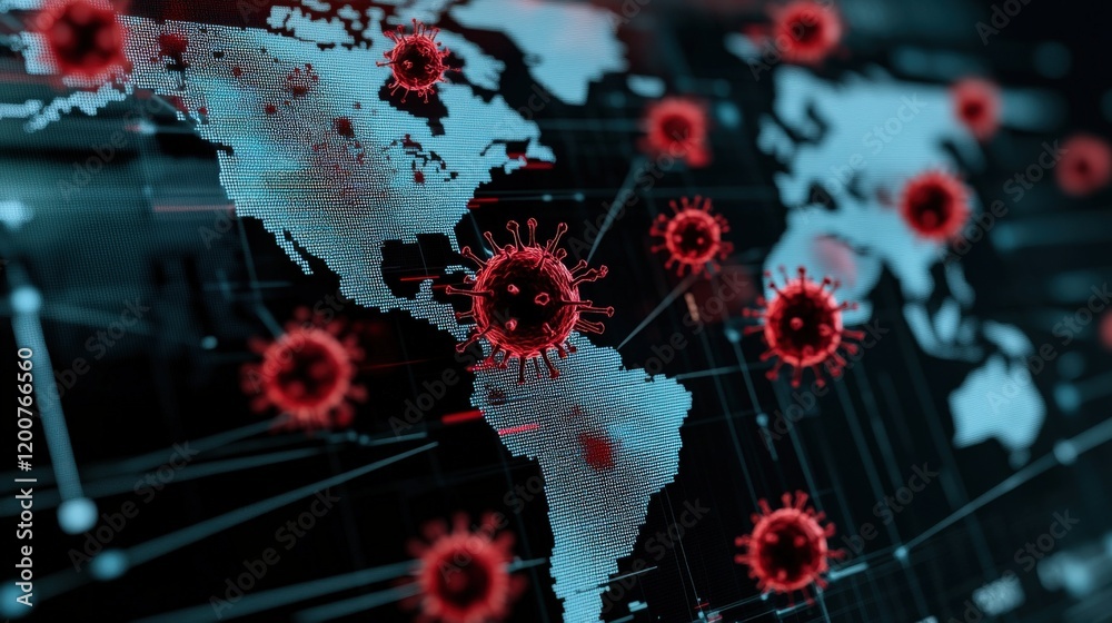 Poster global pandemic impact visualization with covid-19 virus icons overlaid on world map and digital dat