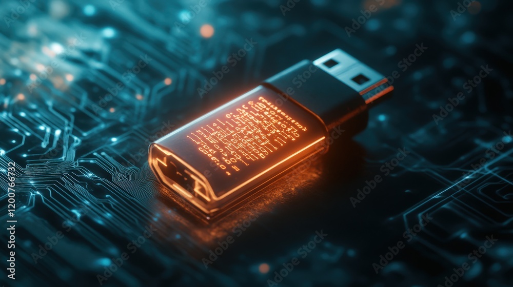 Fototapete Futuristic USB Drive on Circuit Board with Glowing Data Display, Enhanced with High-Tech Visual Elements and Abstract Technology Background