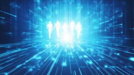 Fototapeta premium Digital Figures Racing Through Futuristic Cyberspace