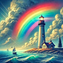 Hope s Beacon A rainbow over a lighthouse guiding sailors home
