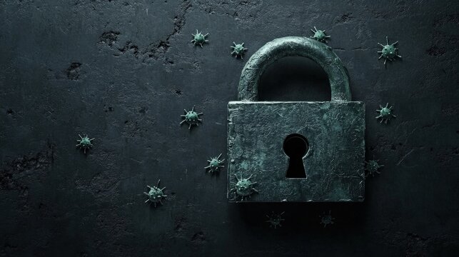 Conceptual representation of security and protection, featuring an old padlock surrounded by virus-like structures on a dark textured background