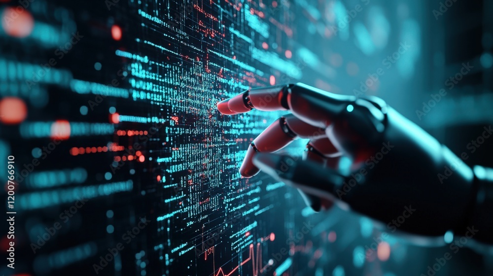 Poster Futuristic Robotic Hand Interacting with Digital Data Stream Representing Technology, Innovation, Cybersecurity, and Artificial Intelligence in a Modern Environment