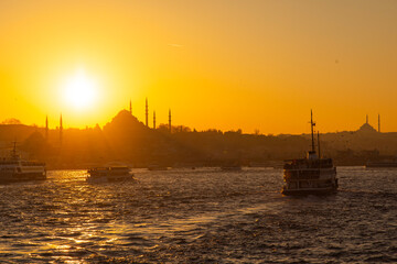 Hagia Sophia and Blue Mosque (Ayasofya ve Sultanahmet Cami) in the Sunset Lights Drone Photo, Suleymaniye Fatih, Istanbul Turkiye (Turkey)