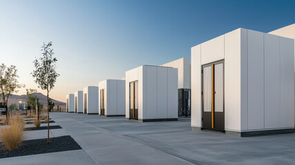 Modern energy storage containers in serene landscape at sunset
