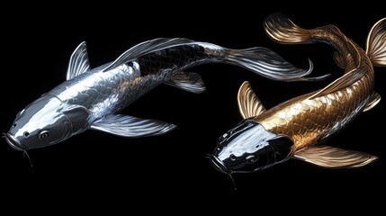 Two koi fish, one silver and one gold, swimming against a black background.