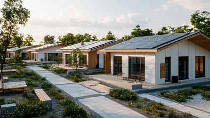 Modern houses with solar panels in green landscape