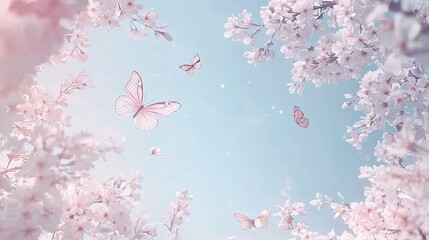 Delicate Cherry Blossom Branches with Butterflies Against Blue Sky