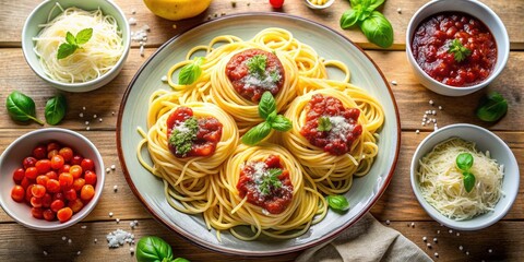 Tilt-Shift Photography of Spaghetti with Four Sauces and Cheese from a Top View - Delicious Cooking Concept for Food Lovers and Culinary Enthusiasts