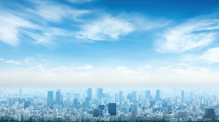 Naklejka premium panoramic city skyline under clear blue sky with soft clouds
