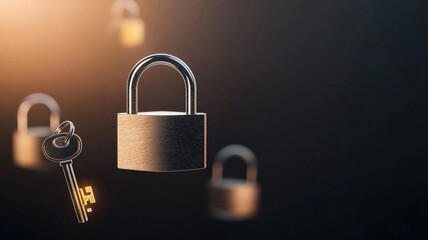 Fototapeta premium law restriction policy concept. Locks and a key floating against a dark background, symbolizing security and protection.