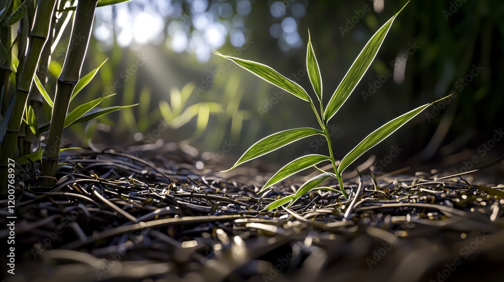 Poster sunlight filtering through bamboo grove nature closeup lush environment serene viewpoint tranquility
