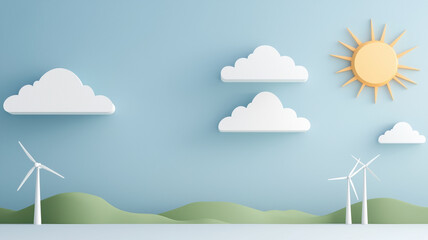 Eco friendly landscape with wind turbines, clouds, and sun