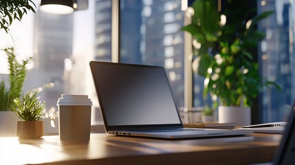 Fototapeta premium Modern Laptop Workspace City View Plants Coffee Sunlight
