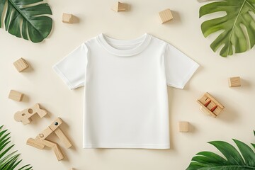 White Kids T Shirt Mock Up with Wooden Toys Design T Shirt Template Print Presentation Mockup
