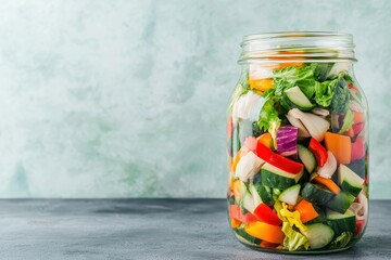 A colorful jar filled with fresh, chopped vegetables, including cucumbers, bell peppers, and leafy greens, set against a soft gradient background.