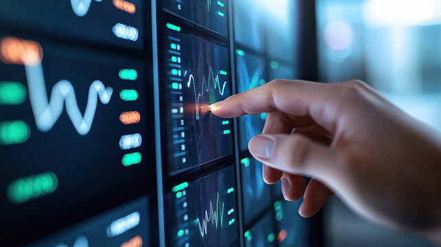 Close up of hand interacting with digital dashboard displaying financial data