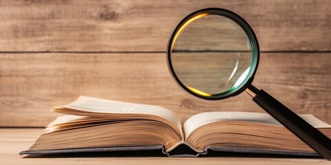 law restriction policy concept. A magnifying glass hovers over an open book on a wooden surface, emphasizing detailed examination.