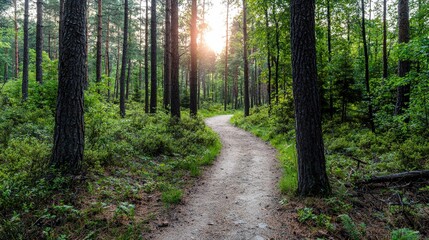 Fototapeta premium Tranquil forest pathway journey through lush greenery peaceful natural setting captured at sunset