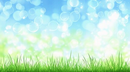Obraz premium Spring Meadow Bokeh: Vibrant green grass blades emerge against a backdrop of soft-focus blue and green bokeh, evoking a sense of springtime freshness and optimism. 