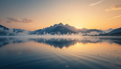 Fototapeta premium Serene sunrise over misty mountain lake reflection.