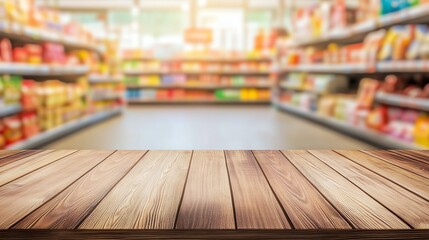 Wooden table in grocery store interior.